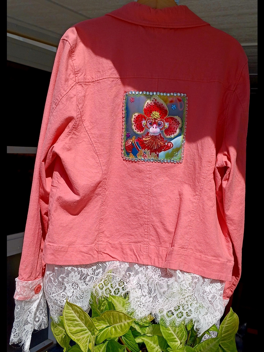 SO Coral Pink Lace-Hem Jacket with Embroidered Patch